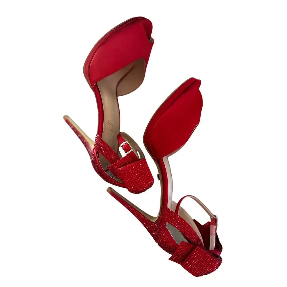 Lauren Lorraine Red Satin & Crystal Embellished Bow Ankle Strap Heels